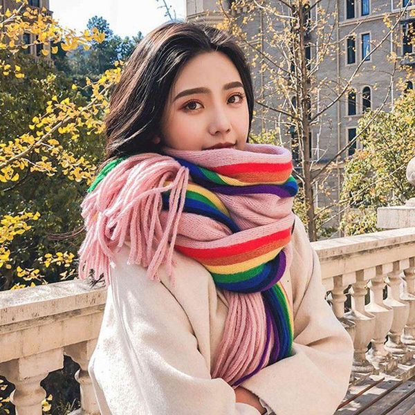 

scarves 2021 rainbow scarf female autumn and winter all-match student shawl girl soft thick warm bib dual-use, Blue;gray