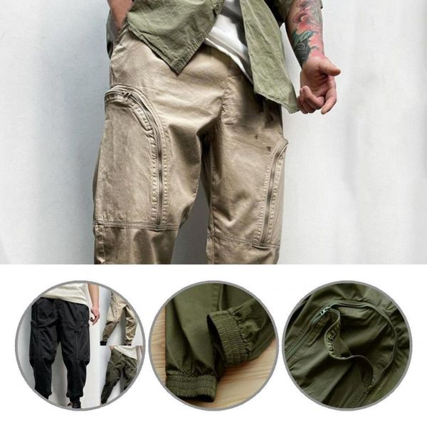

men's pants elastic waist fabulous cargo clothes trousers zipper for spring, Black