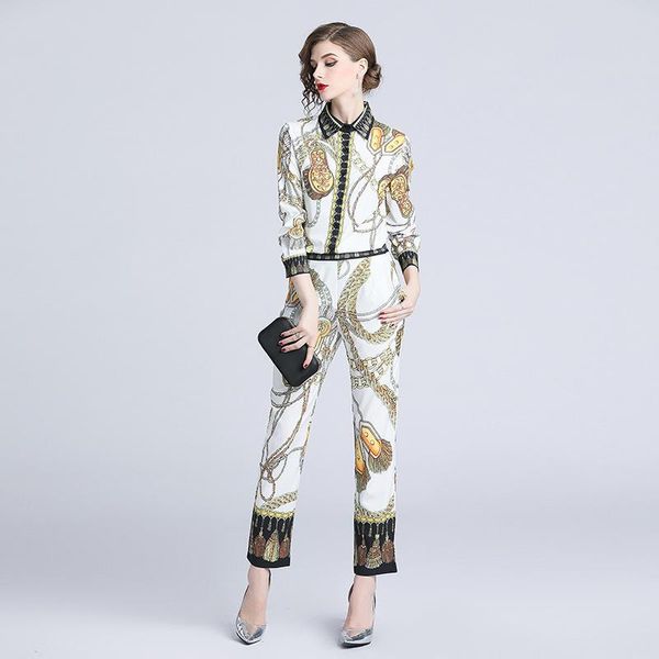

autumn summer runway 2 pieces set women and pants chains print baroque shirt blouse + skinny trousers white gold black women's tracksu, Gray