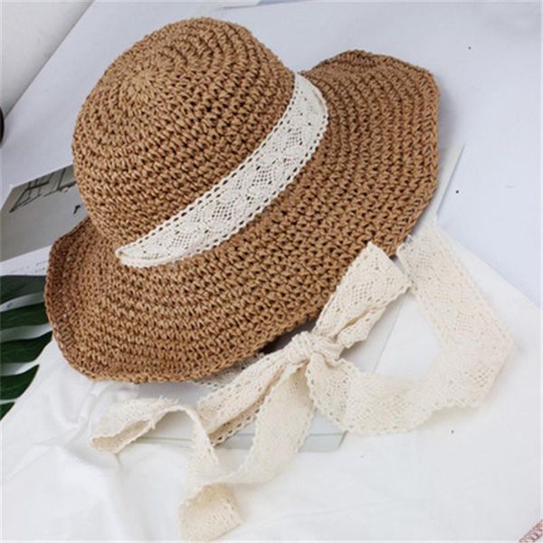 

hat female summer korean-style bandage cloth lace straw wind-resistant beach sun beautiful po shoot porous wide brim hats, Blue;gray
