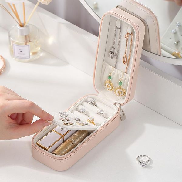 

style portable jewelry organizer box leather bracelet earrings ring necklace jewellery storage case with two layers pouches, bags, Pink;blue