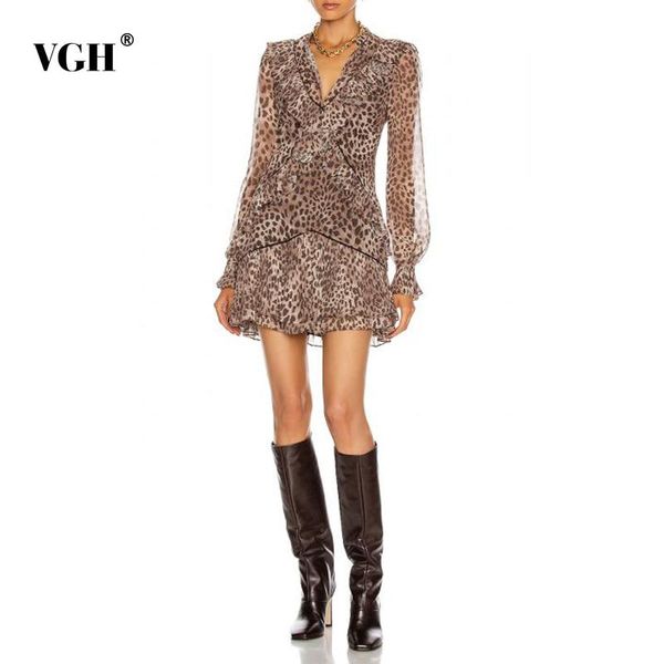 

casual dresses vgh leopard print mini dress for women v neck lantern long sleeve high waist see through female fashion 2021, Black;gray