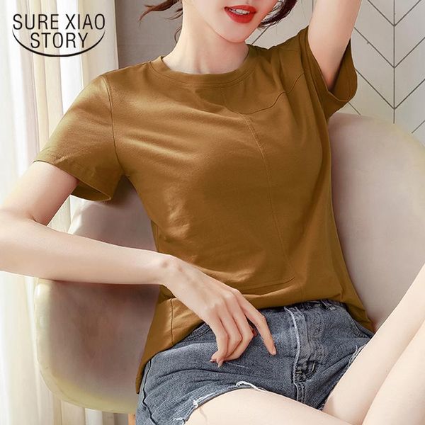 

women's t-shirt 2021 summer solid classic pure cotton casual slim short sleeve round collar stitching plus size women 13589, White