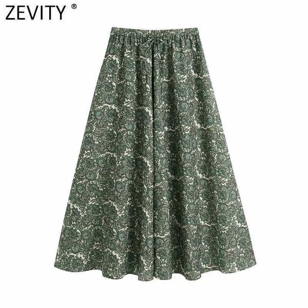 

zevity women vintage totem floral print green midi skirt faldas mujer female chic elastic waist party vestido brand skirt qun757 210603, Black