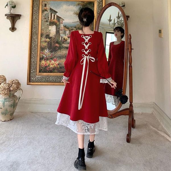

casual dresses large women's dress french court style retro fat mm bandage design sense long small chic ziqiu, Black;gray