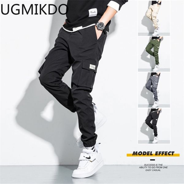 

men's side pockets cargo harem pants ribbons black hip hop casual male joggers trousers fashion streetwear big size 211008