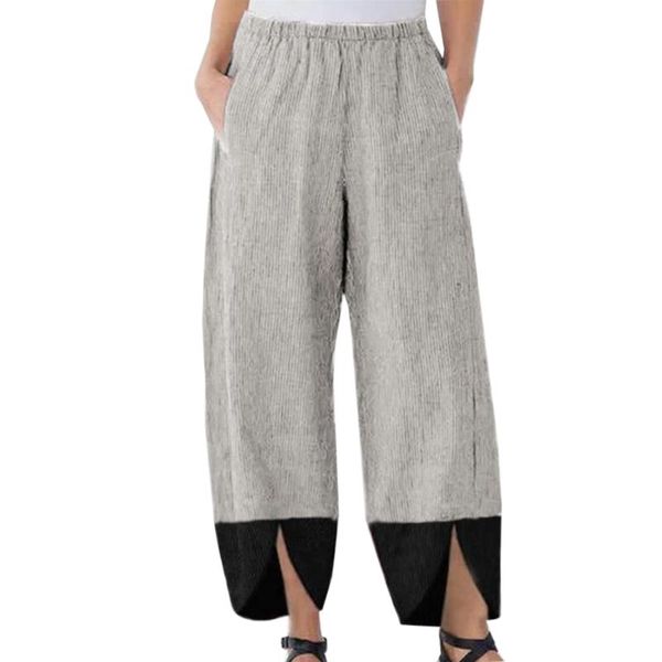 

women's pants & capris women autumn pant elastic waist solid wide leg loose cotton linen pantalon casual pockets baggy trousers plus si, Black;white