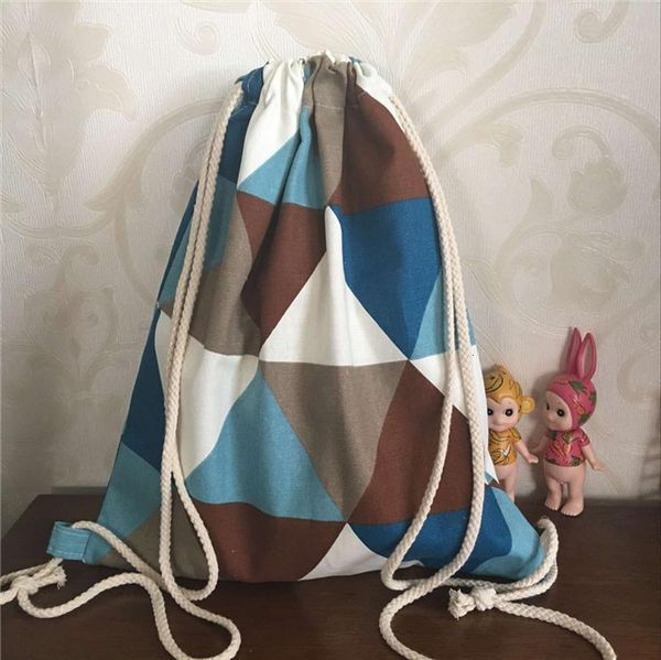 

yile cotton canvas drawstring backpack rucksack geometry blue brown triangle b20