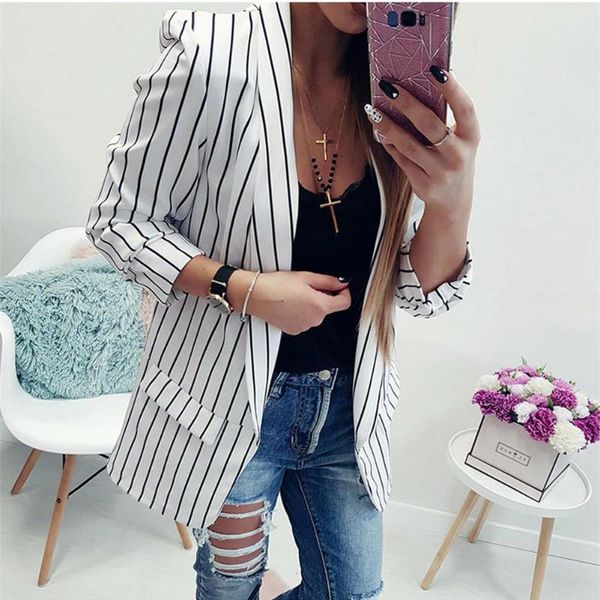 

women's suits & blazers casual black and white striped coats lapel cardigan long sleeve loose jackets, White;black