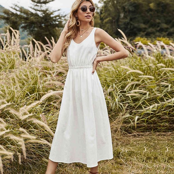 

dress white spaghetti strap midi dress 2021 summer sleeveless o neck elastic waist ladies casual elegant holiday pullover dresses n78v, Black;gray