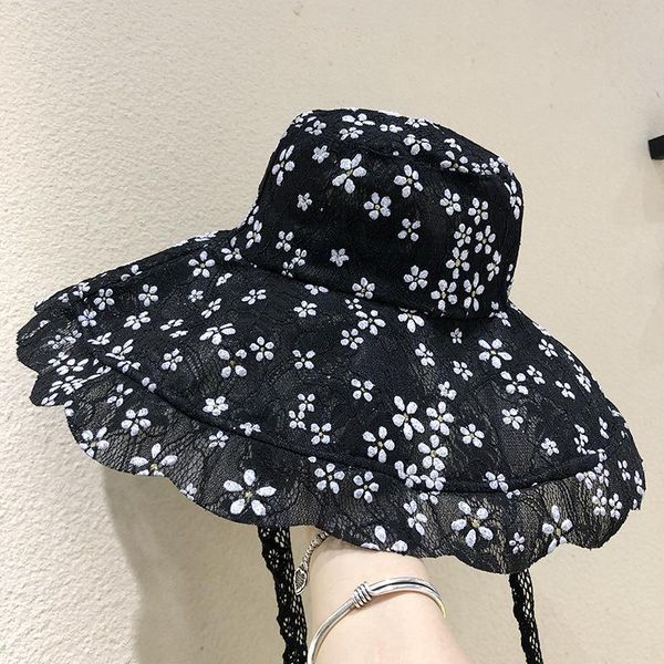 

wide brim hats hat summer women lace big foldable fisherman cap sunscreen cover sun protection sunshade korean sunhat female, Blue;gray