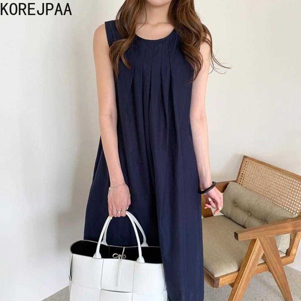 

korejpaa women tank dress summer korean fashion simple round collar pleat loose solid color casual vest dresses female 210526, Black;gray