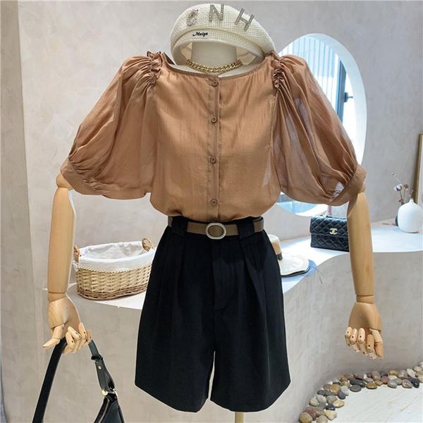 

women's tracksuits clothing summer 2021 retro puff short sleeve + high waist wide leg shorts pants two piece set, Gray