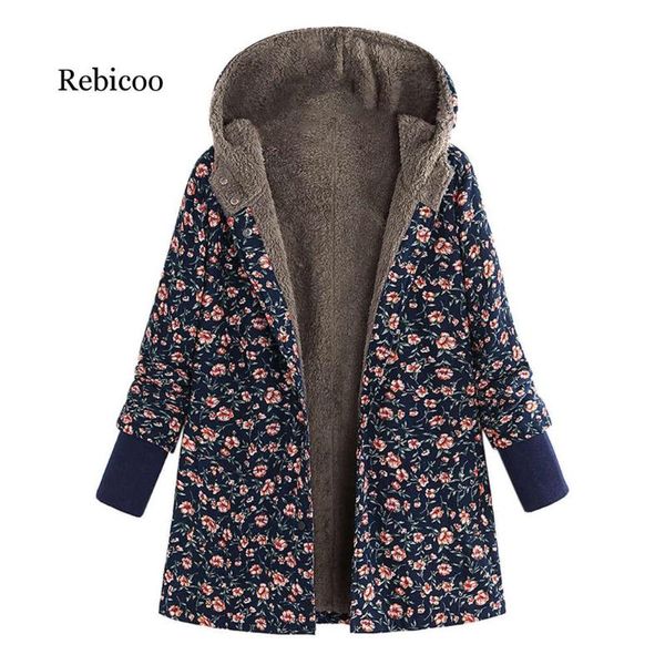 

women's hoodies & sweatshirts winter warm basic jackets plus velvet vintage floral printed outerwear hooded casual long sleeve pockets, Black