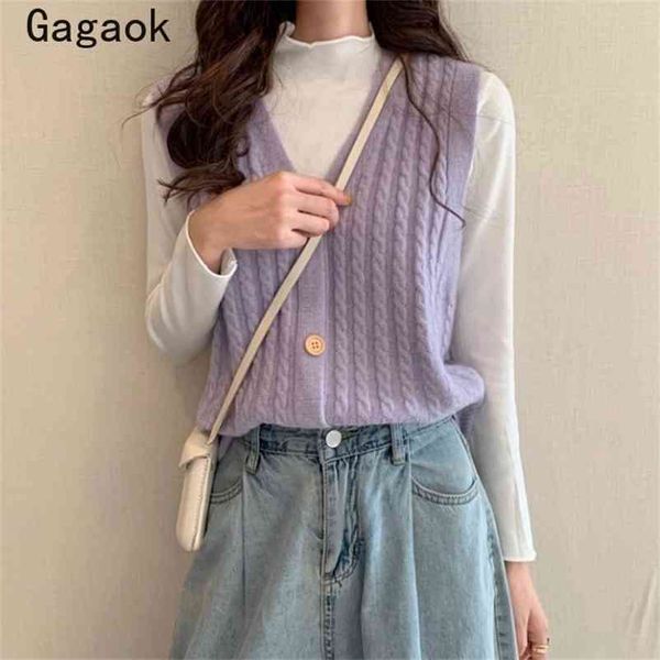 

women preppy style knitted vest spring autumn solid v-neck single breasted loose casual simple wild chic vests 210531, Black;white