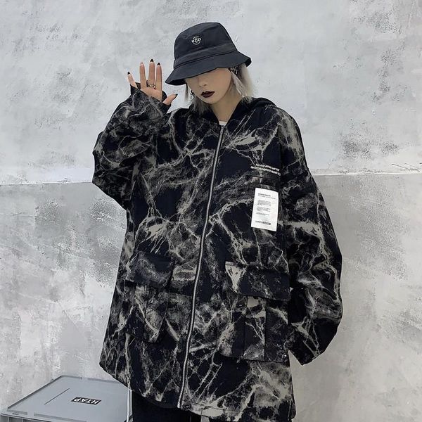 

women's jackets 2021 spring and autumn splash ink tie-dye stitching hooded retro men's street tooling loose jacket, Black;brown