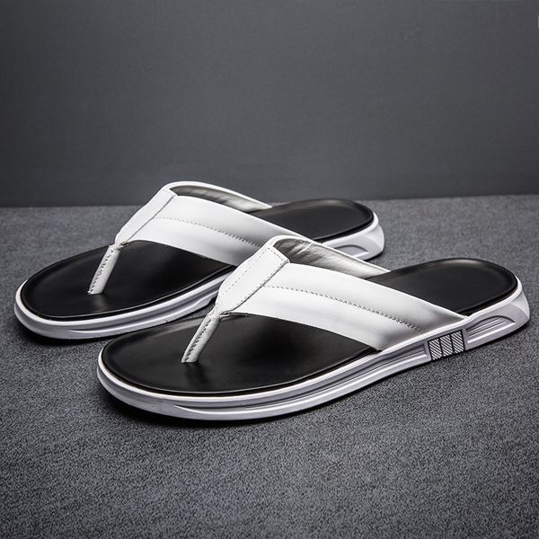 

slippers men genuine leather summer new arrival man flip flops fashion pinch feet male beach shoes outdoor footwear b, Black