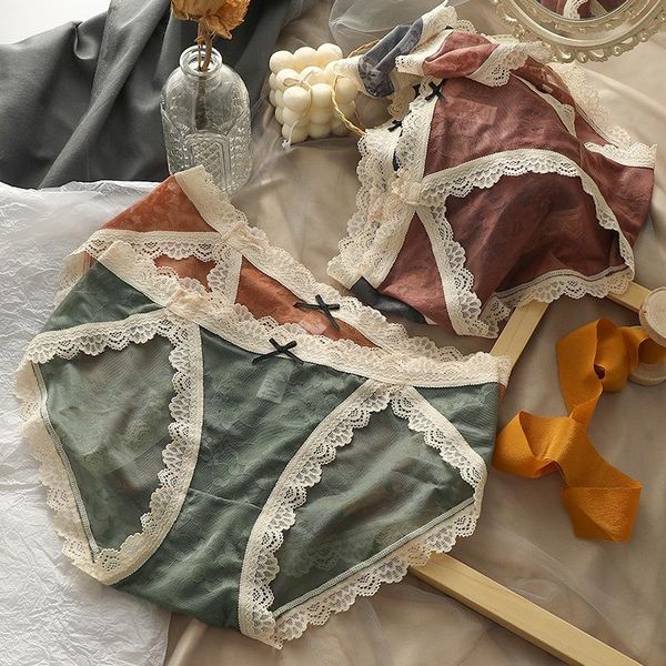 

women's panties lace ladies french transparent mesh breathable japanese mid-waist briefs seamless, Black;pink