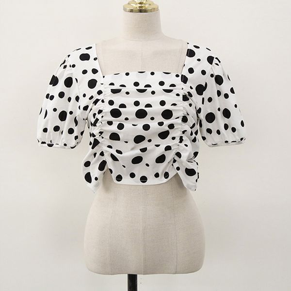 

women summer chiffon cute polka dot shirring square neck puff sleeve shirt b3077 210514, White