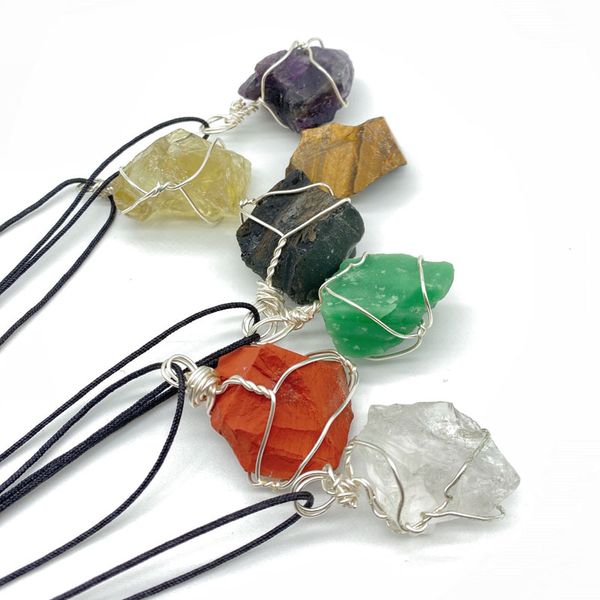 

colorful irregular natural crystal stone handmade wire pendant necklaces original style for women girl party decor jewelry, Silver
