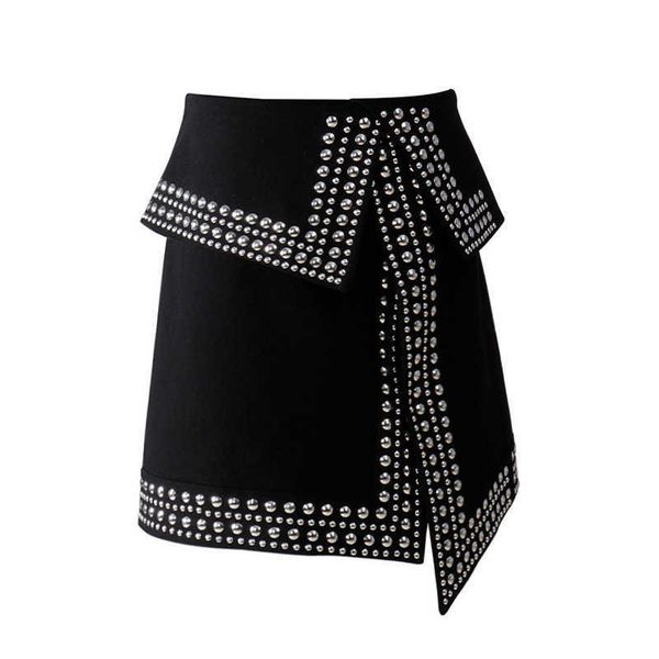 

2020 black rivet patchwork skirt for women split asymmetrical high waist bodycon zipper skirts spring fashion clothing