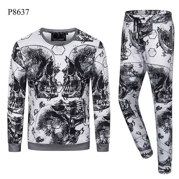 

designer tracksuits men skull cardigan jacket pants 2 piece sets casual hoodie punk sweatshirts print letter skateboard long sleeve coat man, Gray