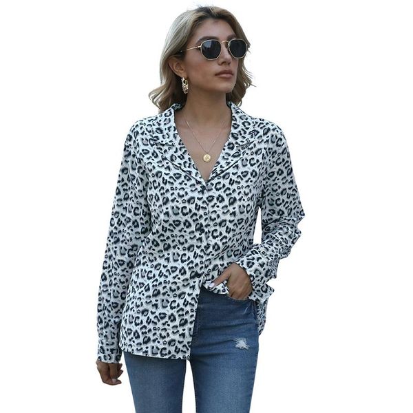 

women's blouses & shirts 2021 summer leopard print women blouse casual loose turn-down collar long sleeve elegant chiffon shirt street, White
