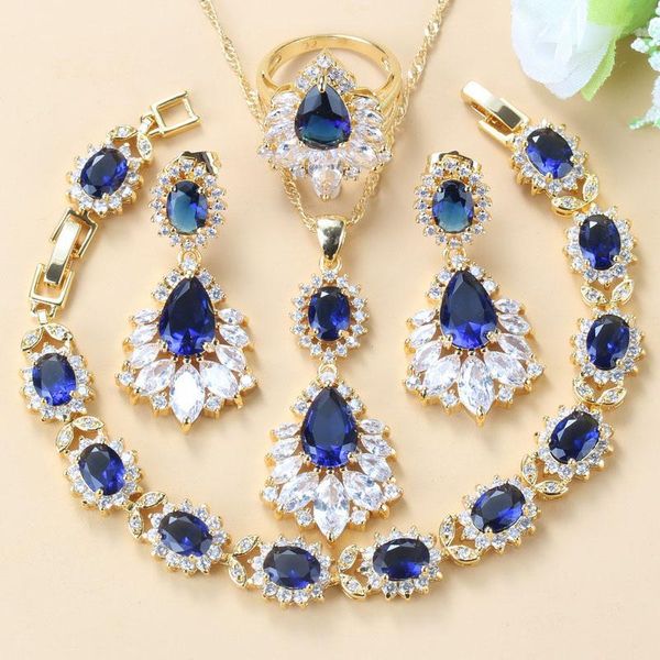 

wedding jewelry sets manny&della gold yellow color big with natural stone cz blue long stud earrings/bracelet/ring bridal women, Slivery;golden