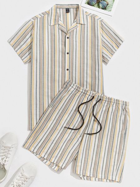 

men striped button front blouse & drawstring waist shorts h0fl#, Gray