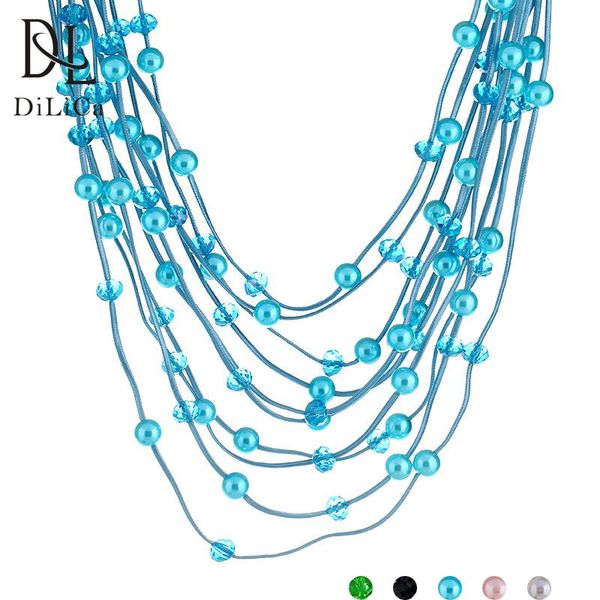 

chokers dilica multi-layer maxi statement necklace for women imitation pearl crystal beads layered bib charms choker collier, Golden;silver