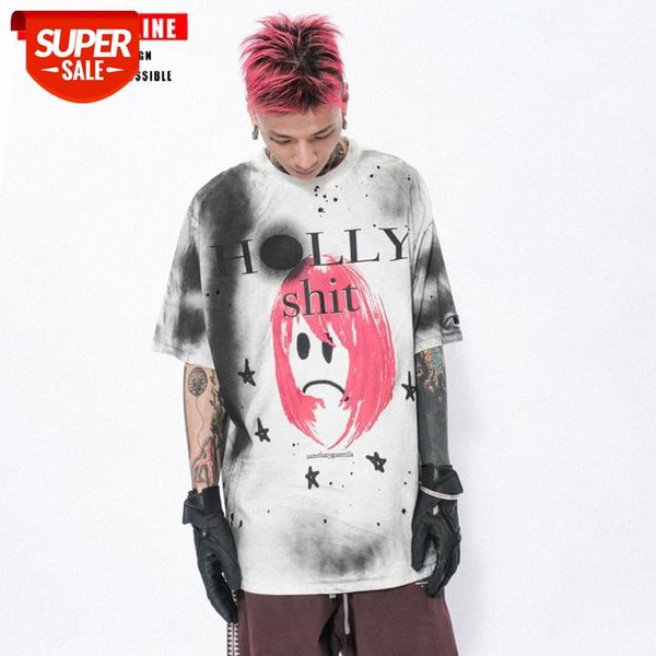 

short-sleeved t-shirt men and women national ins high street retro printing tie-dye cartoon graffiti loose #al4k, White;black