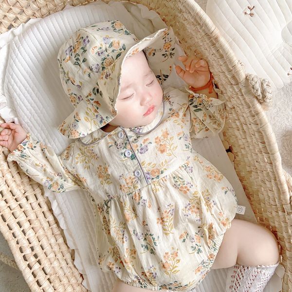 

newborn baby romper with hat girls jumpsuit floral princess baby clothes for girl romper infant toddler playsuit outerwear 0-2y, Blue