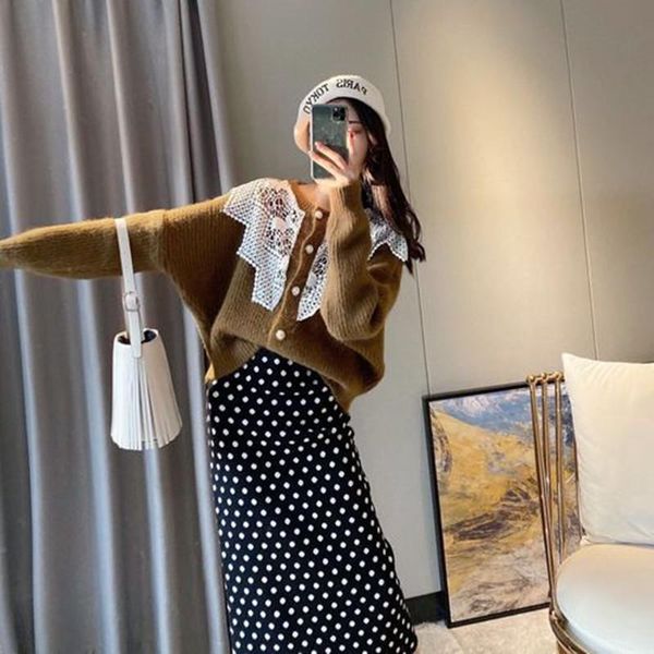

two piece dress autumn winter pattern women lace pearl button knitting cardigan little coat+wave point half body skire 2piece set, White