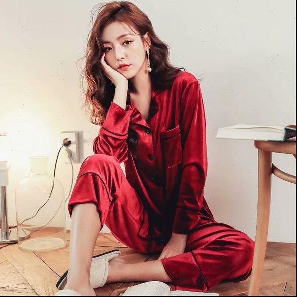 

velvet pajamas set pyjama womens sleepwears long sleeve shirt pants big size homewear pure color button sleepwear 2piece, Black;red