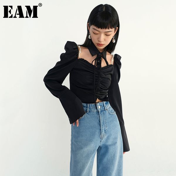 

[eam] women black bandage off shoulder blouse lapel long sleeve loose fit shirt fashion spring autumn 1dd5832 21512, White