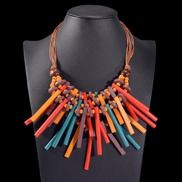 

chokers uddein multi layer colorful tassel pendant wood necklace for women brown leather chain bohemian beads collier jewelry, Golden;silver