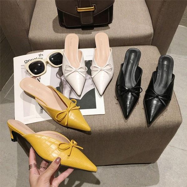 

slippers 2021 summer luxury women yellow black beige low heels slipper mules designer outsides ladies butterfly knots slides beach shoes