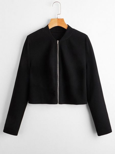 

solid zipper front bomber jacket q7kk#, Black;brown