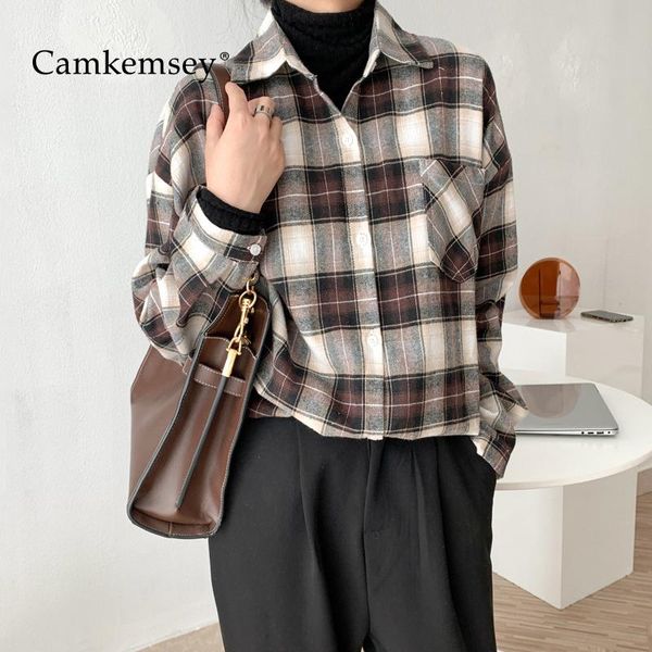 

camkemsey retro plaid harajuku oversize blouses women autumn turn down collar long sleeve bf loose shirts women's &, White