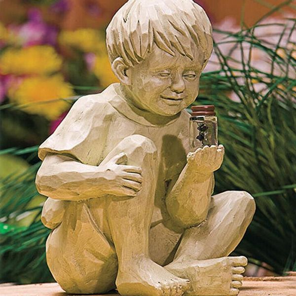 

kid with solar fireflies garden statue resin jar boy girl whimsical flowerbed yard outdoor sculpture decor tryc decorations