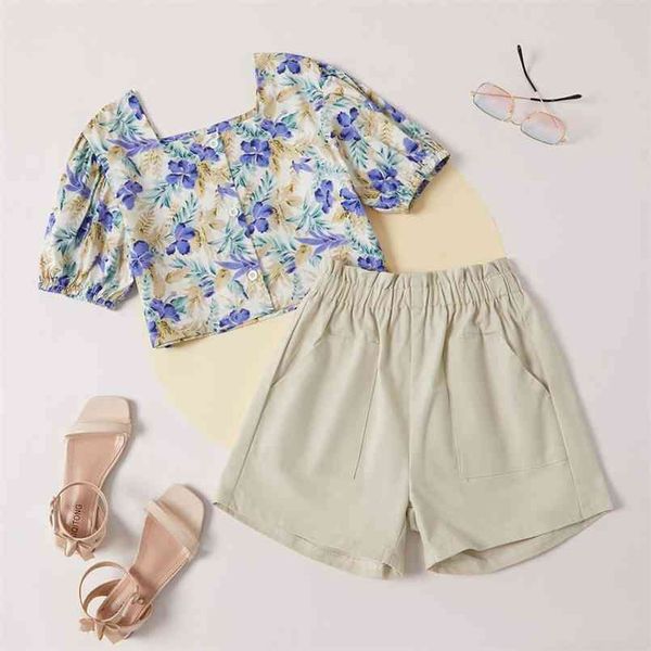 

kid girl floral print button puff-sleeve pocket shorts casual suits 210528, White