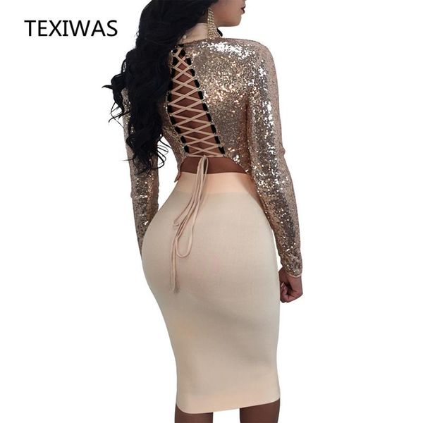 

casual dresses texiwas 7 colors party slim long sleeve dress 2021 women sequins lace up elegant club midi fashion 2 pieces dresse, Black;gray