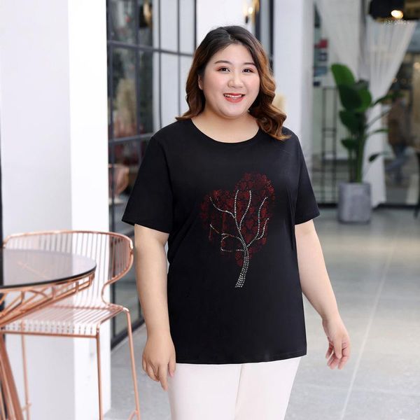 

plus size t-shirt loose 5xl black t-shirts women 2021 summer wild fashion print leaf pattern diamonds short-sleeve tees