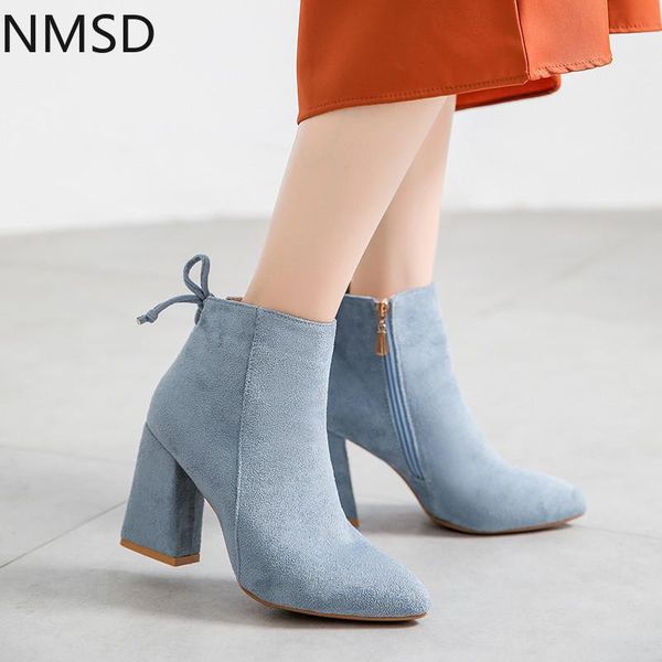 

boots women mid calf yellow color pointed toe zippers autumn spring 2021 casual lace-up high heel ankle boot winter, Black