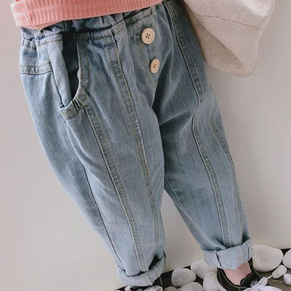 

jeans menoea girl 2021 casual girl's denim trousers button children 3-7 years korean loose student pants autumn, Blue