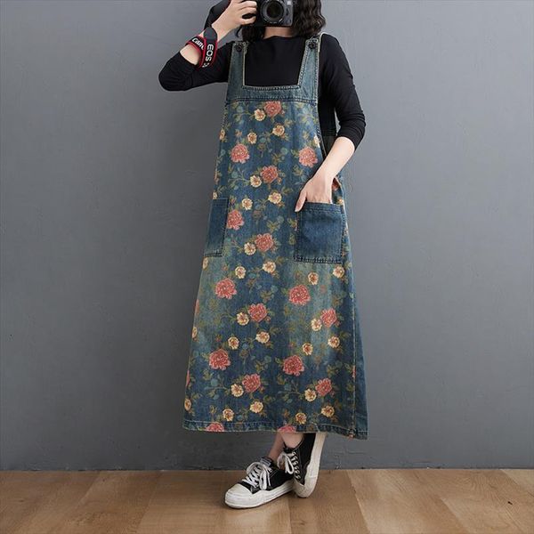 

denim spring autumn womens dresses mid calf casual strap overalls pockets bleached jeans vestidos mujer, Black;gray