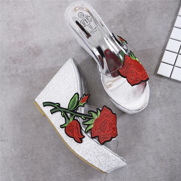 

slippers 2021 women rose sequin wedges sandal 11cm high heel 4cm platform slide luxury design summer beach shoes dress, Black