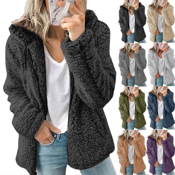 

women's jackets women plush fleece jacket autumn winter zipper solid color hooded casual loose vintage cardigan oversize sweatshirts c, Black;brown