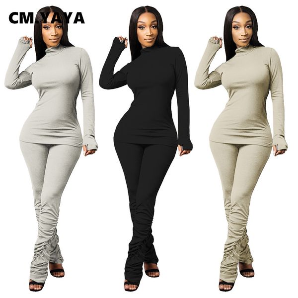 

activewear ribbed womens set turtlene staed draped pants matching set trasuit fitness two 2 piece set outfitby air, White