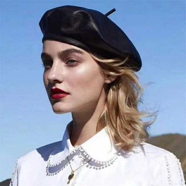 

beanies 2021 fashion black lambskin female beret punk style cool temperament luxury sboy hat winter street shooting headdress
